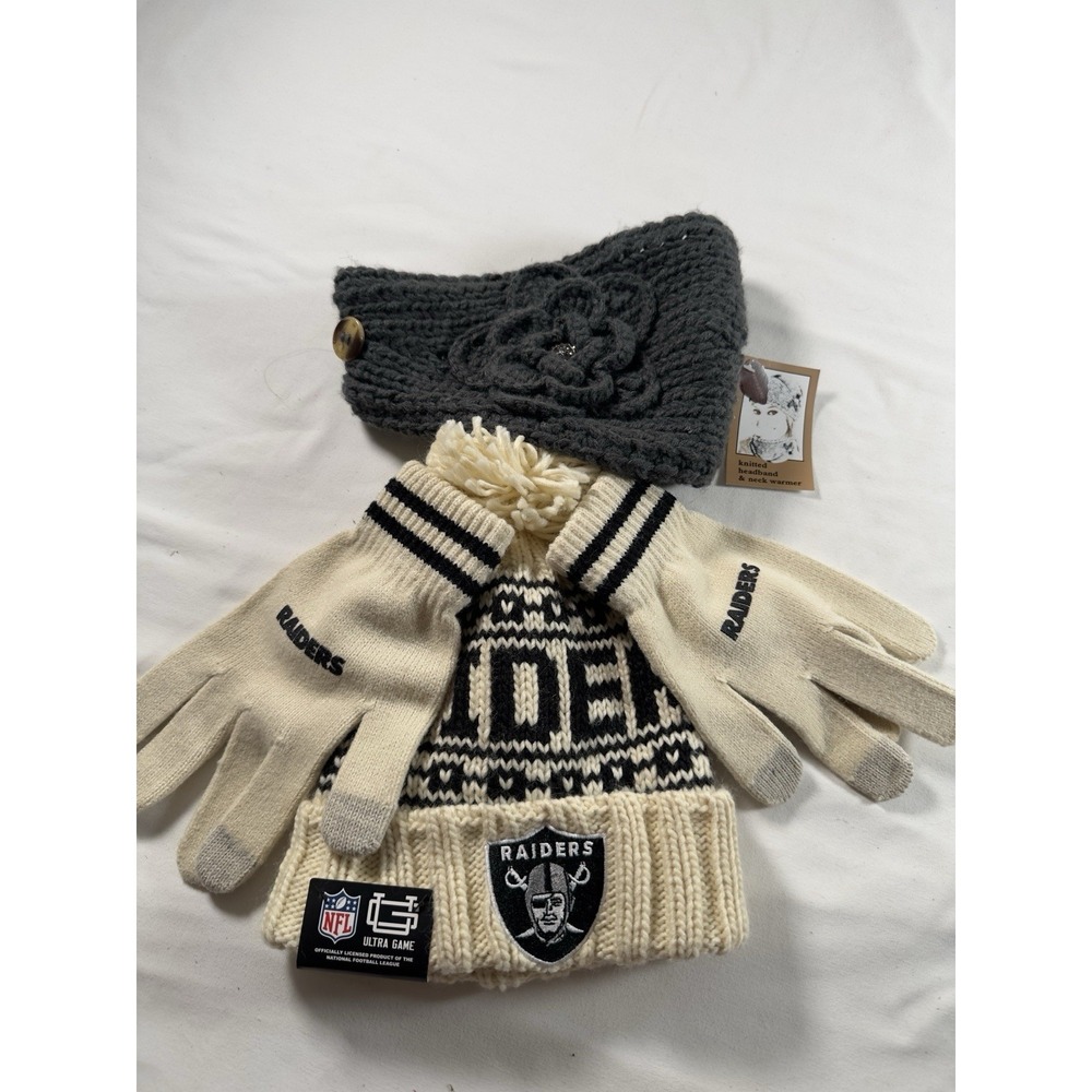 NFL Las Vegas Raiders Hat Gloves Set NWT Plus Knit Headband Neck‎ Warmer